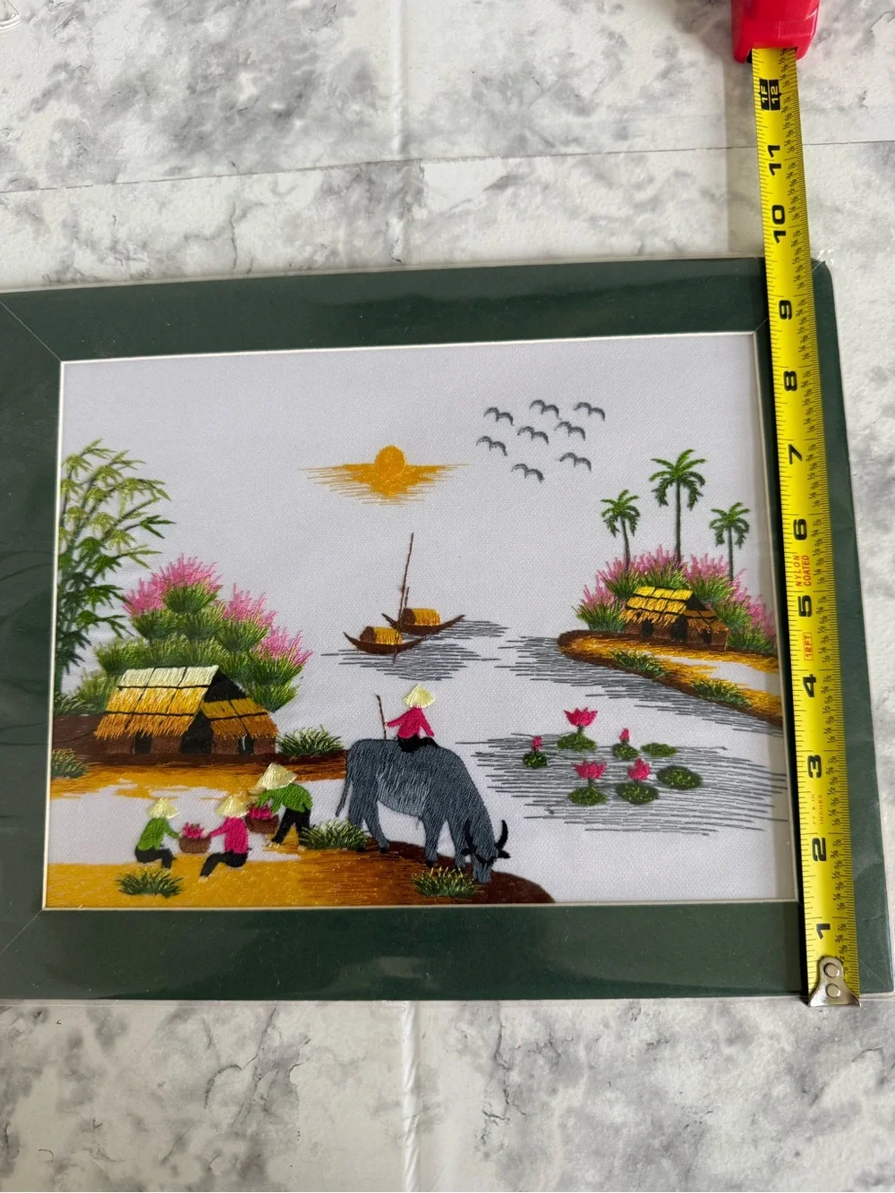 Vietnamese Hand-Embroidered Silk Landscape Village life Scene Wall Art 12x 10